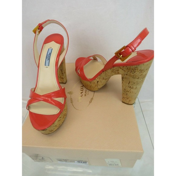 NIB PRADA 1Z648D CORAL PINK PATENT LEATHER SLINGBACK CORK SANDALS PUMPS 39.5 - Picture 8 of 12